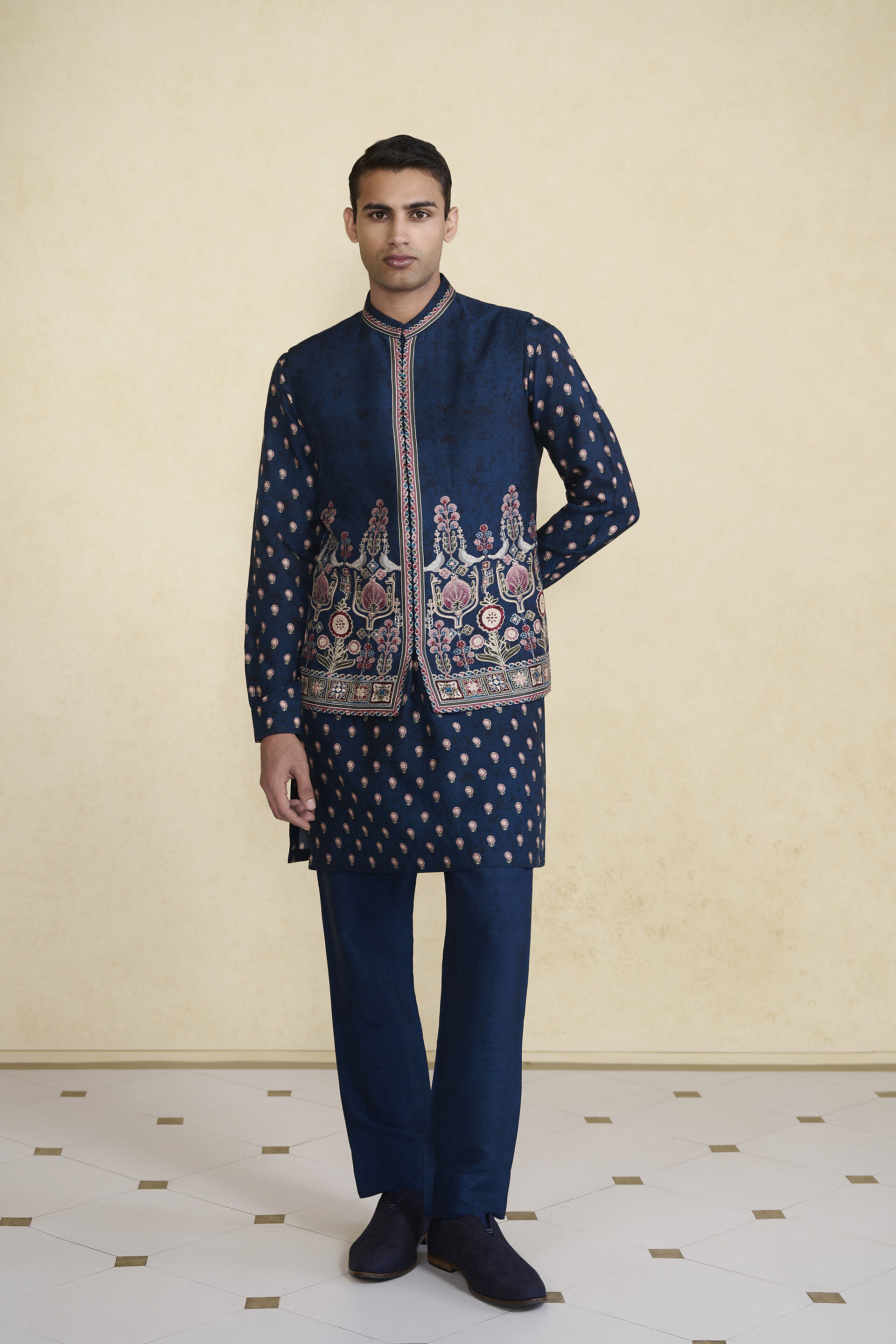 Azraq Printed Silk Nehru Jacket - Indigo